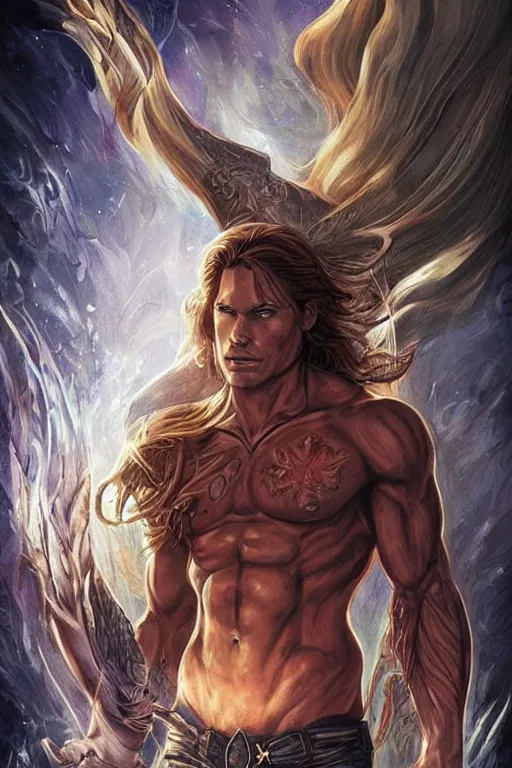 Prompt: muscular sam winchester as a mage tattooed in the cover of an acotar book, sarah j. maas, d & d!, fantasy style, sharp focus!, ultra detailed, art by artgerm and peter andrew jones, wlop