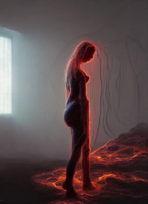 Prompt: rgb, woman, bedroom full of fire, sadness, cinematic, movie scene, inspired by zdzislaw beksinski, clothes made out of veins,, cables everywhere, bedroom, ultra realistic, concept art, intricate details, highly detailed, photorealistic, octane render, 8 k