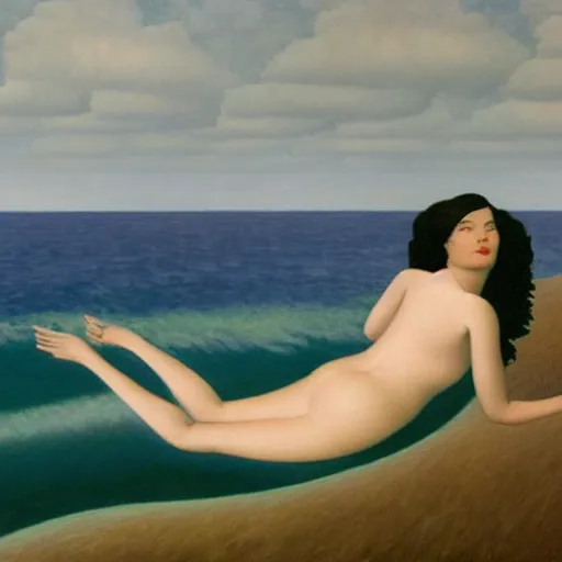 Image similar to very detailed, beautiful painting of bjork levitating above the wavy ocean into a gray sky. shaded. art by rene magritte, 1 9 2 7. oil on canvas.