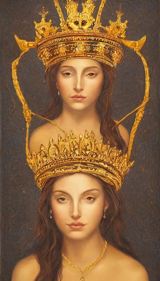 Prompt: portrait of a goddess wearing a crown, smooth painting, ultra realistic, symmetrical, highly detailed, golden