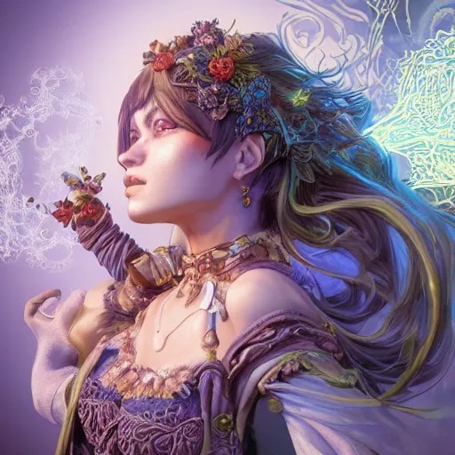 Image similar to the portrait of chaotic good female druid alchemist as absurdly beautiful, gorgeous, elegant, gravure idol, an ultrafine hyperdetailed illustration by kim jung gi, irakli nadar, intricate linework, sharp focus, bright colors, octopath traveler, final fantasy, unreal engine 5 highly rendered, global illumination, radiant light, detailed and intricate environment