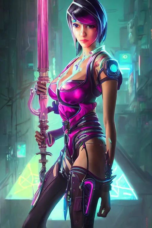 Image similar to fiora from league of legends, cyberpunk futuristic neon. she is holding a sword, decorated with traditional japanese ornaments by ismail inceoglu dragan bibin hans thoma greg rutkowski alexandros pyromallis nekro rene maritte illustrated, perfect face, fine details, realistic shaded, fine - face, pretty face, masterpiece