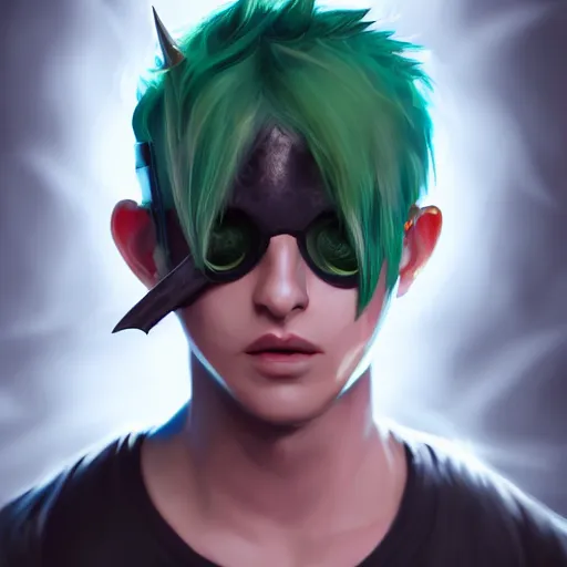 Image similar to a portrait of a boy with green hair and two devil horns and an eye patch, cyberpunk style, digital painting, concept art, smooth, sharp focus, hyperrealistic, illustration, artstation trending, octane render, unreal engine, ambient light, dynamic lighting, magical, dark vibes, Cyberpunk 2077