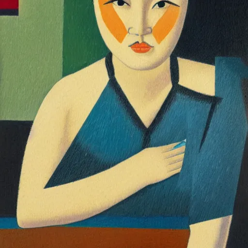 Prompt: an asian woman sitting on stairs, dark background, oil painting in style of Jean Metzinger