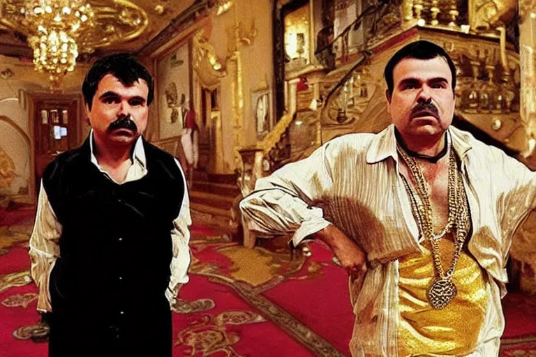 Image similar to el chapo is a genie standing in the middle of a grandiose mexican mansion. everything is made out of gold. el chapo the genie is sipping on wine. the mansion is incredible and ornate. chapo has a clockwork chain. there are princesses and queens everywhere around him because they love him, lovely scene of a genie being a pimp