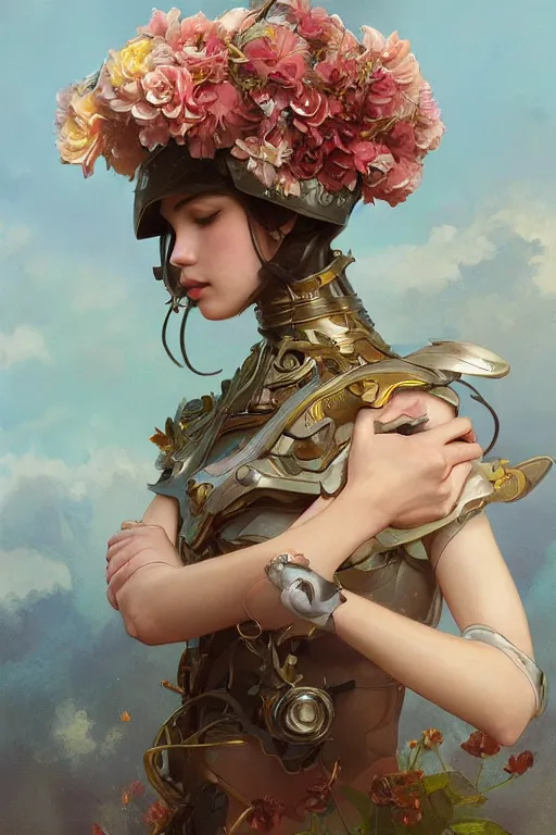 Image similar to ultra realistic illustration, spanish girl with flowers blossoming from helmet, elegant, highly detailed, digital painting, concept art, smooth, sharp focus, illustration, art by artgerm and greg rutkowski and alphonse mucha