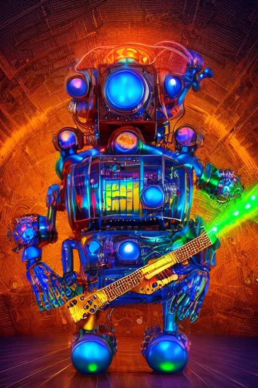 Prompt: portrait photo of a giant huge golden and blue metal steampunk robot covered with multicolored guitars and gears and tubes, eyes are glowing red lightbulbs, shiny crisp finish, 3 d render, 8 k, insaneley detailed, fluorescent colors, background is multicolored lasershow