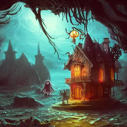 Image similar to a scary witch in front of a witche house made out of candy, floating on the ocean, epic scene, fantasy, cinematic, hyper - detailed, in the style of greg rutkowski