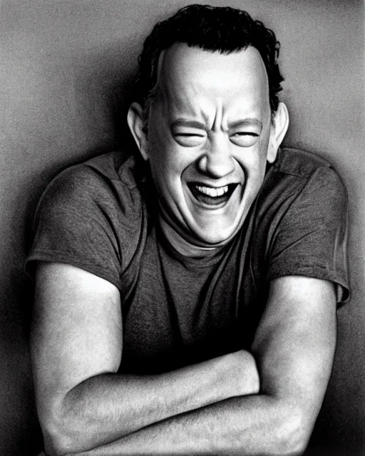 Prompt: tom hanks laughing, hyper realism, high detail, extremely detailed, very sharp, award winning photoin the style of mary ellen mark