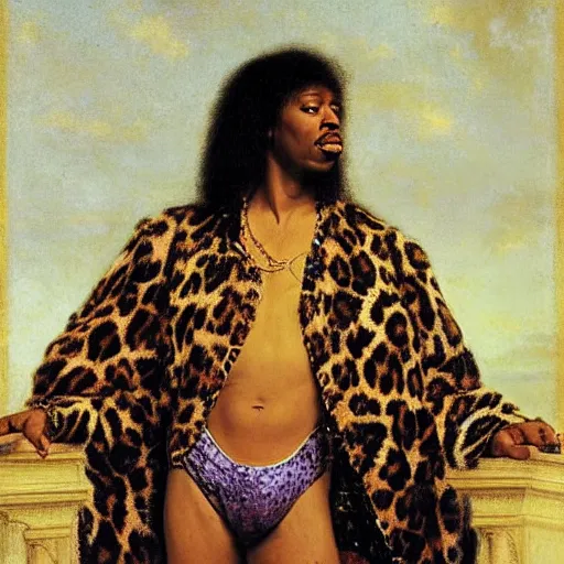 Image similar to portrait of Rick James wearing a purple leopard print leotard, masterpiece by Eugene de Blaas