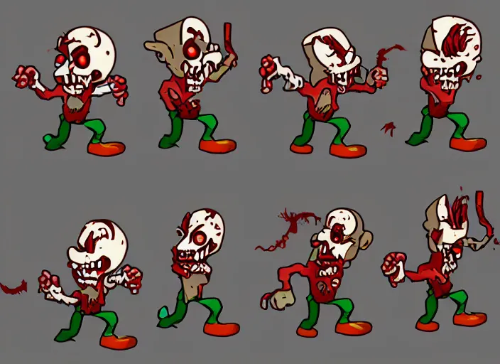 Image similar to sprite sheet of a zombie walking in cuphead, 6 frames, trending on artstation, video game