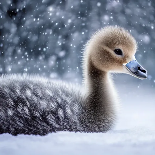 Image similar to closeup of cute baby goose in mystical magic snowy forest, award - winning photograph, cinematic scene, studio lighting, hyperrealism