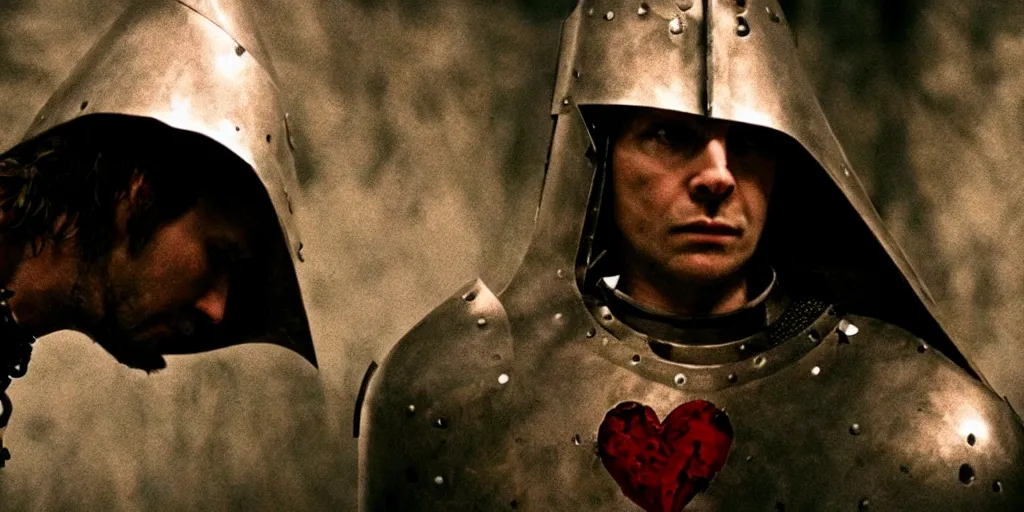 Image similar to film still of closeup the knight in shattered armor holds a bleeding heart by emmanuel lubezki