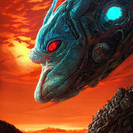 Image similar to the world destroyer big chungus, evil, glowing red eyes, hyper realistic, fantasy art, in the style of chris foss and alan lee, intricate, hyper detailed, smooth, intricate complexity, in the style of artgerm and ilya kuvshinov, magic the gathering