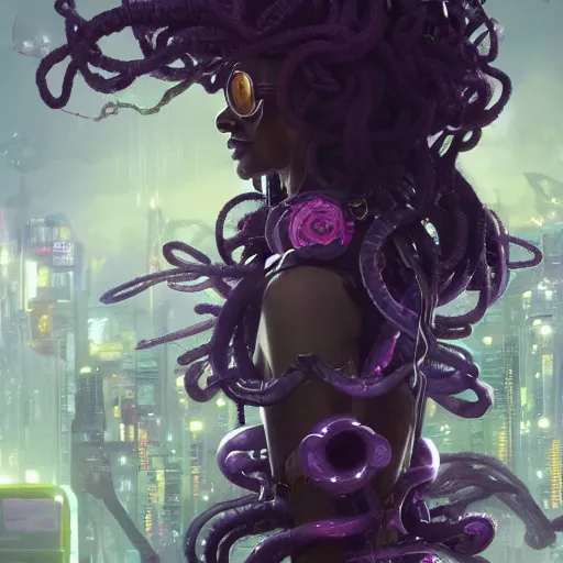 Prompt: portrait of black Medusa with glasses, cyberpunk, futuristic flowers, hi-tech details, ominous, intricate, studio, art by anthony macbain + greg rutkowski + alphonse mucha, concept art, 4k, sharp focus, cinematic unreal engine