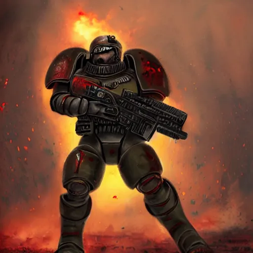 Image similar to heavy armor soldier wearing space marine like armor but in real life, walking in a river of blood full of human bloody dead bodies and human parts, shooting with his gun, explosions in background, painting style