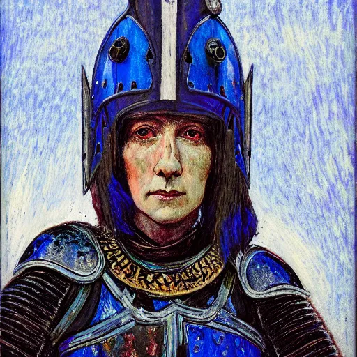 Prompt: head and shoulders portrait of a female knight, inuk, brigandine, tonalist, baroque, chiaroscuro, symbolist, luminous, detailed, raven, edge lighting, etching, vibrant, palette knife, girih, prussian blue and raw sienna, angular, happy