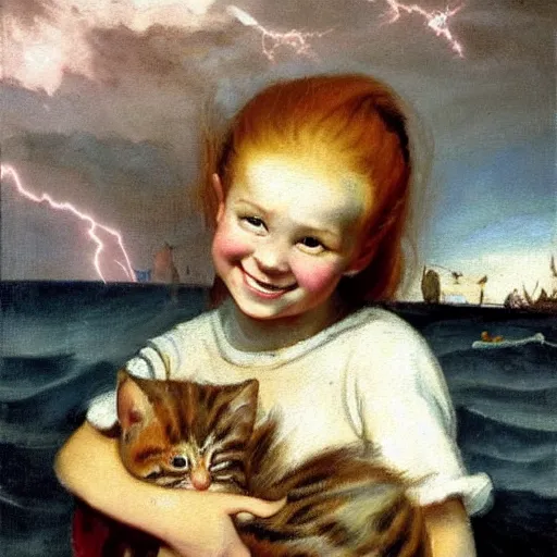 Image similar to oil painting of a young freckled redhead pigtailed girl smiling and holding a scared kitten in a boat, in rough seas with large waves, dark clouds and lightning, depicted for a children\'s book, in the style of frank frazetta and vermeer