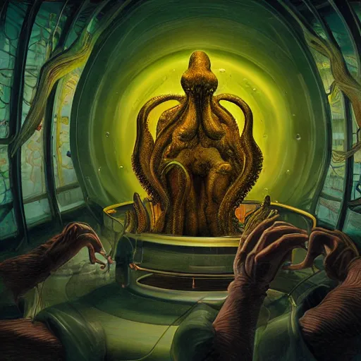 Image similar to scientists watching a clone of cthulhu in culture capsule, bio chemical illustration, hyperealistic, detailed photography, divinity, awful, religious art, sci - fi, green light