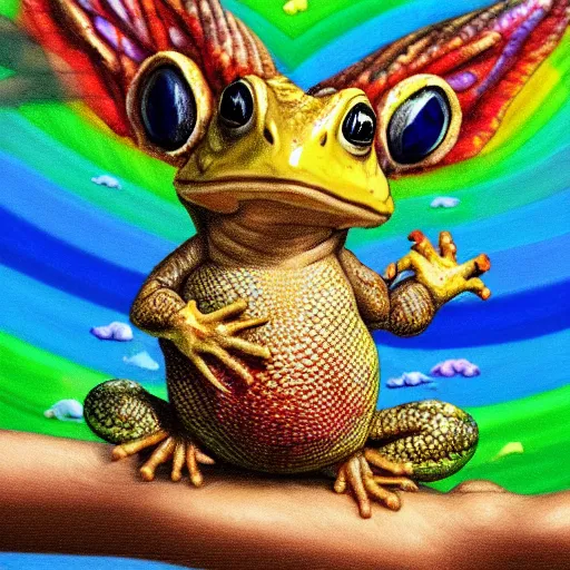 Image similar to toad with wings front view Across holding a hand + rainbow reptile front view Across holding a hand + golden lizard front view, trio, artstation, concept art, master illustration, details, good clear quality, fun - w 704