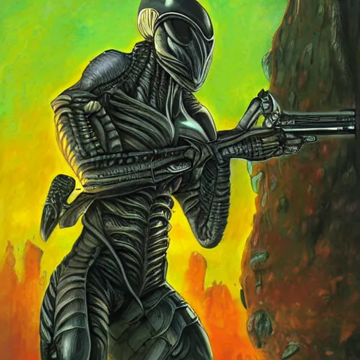 Prompt: alien hunter, art by christian ward