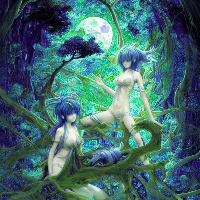 Image similar to dreamscape forest rei ayanami with horns, the moon in the woods, earth from the moon, fractal, liminal space, Japan Lush Forest, Leviathan awakening from Japan in a Radially Symmetric Alien Megastructure turbulent bismuth glitchart Luminism Romanticism by John William Waterhouse Atmospheric Cinematic Environmental & Architectural Design recusion mandelbulb fractal wisdom acrylic pouring