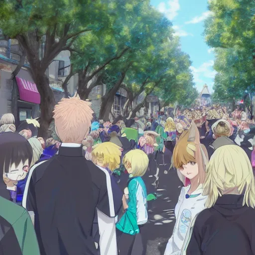 Prompt: blonde - haired princess, anime princess, wearing black jacket and white leggings, looking through crowd, town street, festival street, trees, green trees, blue lighting, blue sunshine, strong lighting, strong shadows, vivid hues, ultra - realistic, sharp details, subsurface scattering, intricate details, hd anime, 2 0 1 9 anime