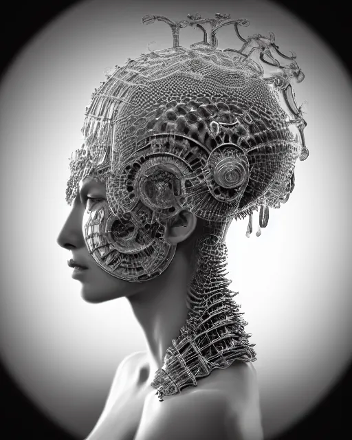 Prompt: mythical dreamy black and white organic bio-mechanical spinal ribbed profile face portrait detail of translucent steampunk beautiful female angelic-human-queen-vegetal-cyborg, highly detailed, intricate crystal jelly ornate, poetic, 3D render, digital art, octane render, 8K artistic photography, photo-realistic, by Dora Maar