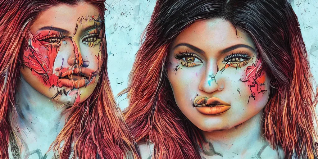 Image similar to hyper realistic kylie jenner on a tomorrow land stage in the style of a slipknot album cover, minimal art style, highly detailed, intricate, digital painting, artstation, 3 5 mm film grain