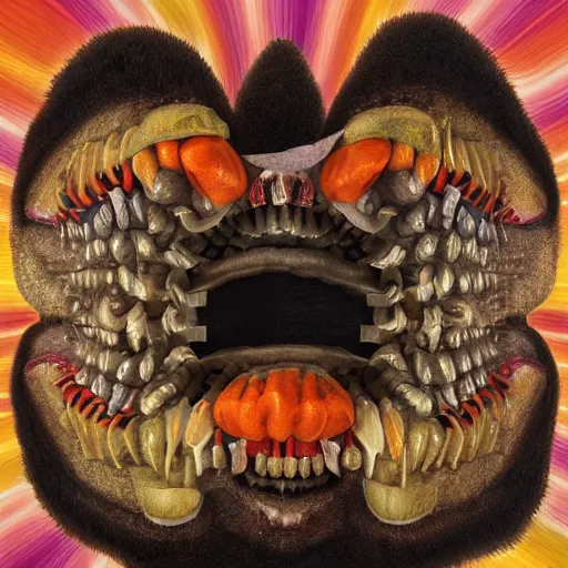 Image similar to album cover, teeth, black, white, orange, psychedelic, giuseppe arcimboldo