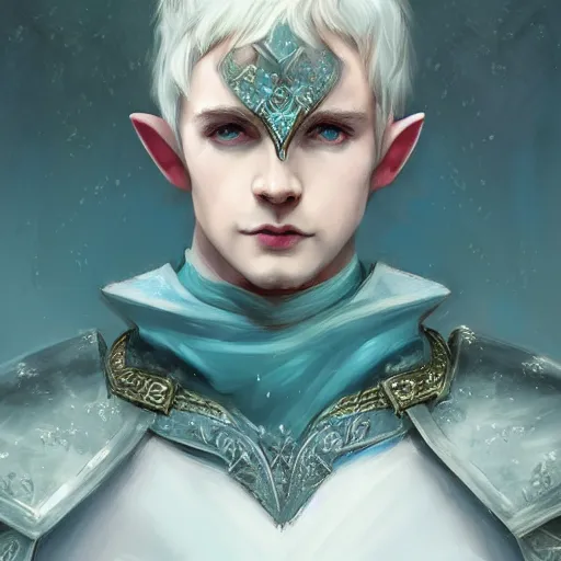 Prompt: half length portrait of a handsome male snow elf in a turquoise cape and silver ornate armour as an archer, albino skin, pale pointed ears, winter vibes, perfect face, elegant, very coherent symmetrical artwork, atmospheric lighting, rule of thirds, by wenjun lin, krenz cushart, charlie bowater, trending on artstation