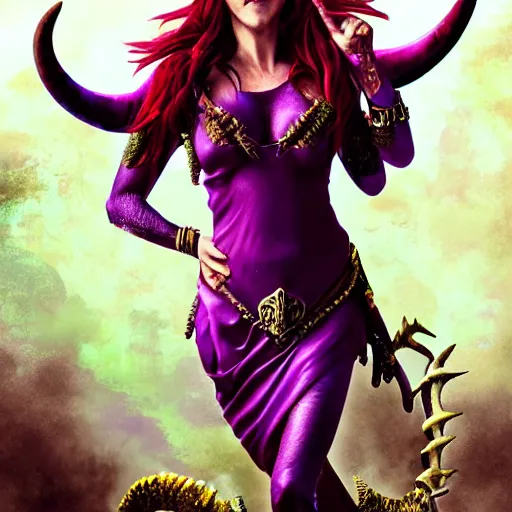 Image similar to illustrated hyper realistic portrait of Elizabeth Hurley as ram-horned devil woman with purple hair, red dress, epic action pose by rossdraws, award winning epic HD photography