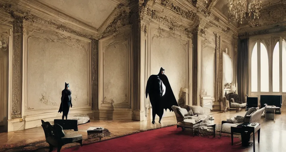 Image similar to Batman standing in giant Italian modern castle living room, clean minimalist design, that is 1300 feet tall, with very tall giant walls filled with modern art paintings, doors that are cosmic portals, photo by Annie Leibovitz