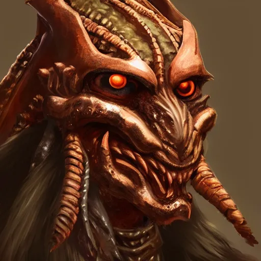 Image similar to portrait concept art of a wounded, copper, scaly dragonborn barbarian with a lot of battlescarsand a missing eye, character design, concept art, render, trending on artstation