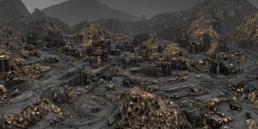 Image similar to the asphalt mines, rubble encases an abandoned mine, retro - futuristic, science - fantasy, hills, ancient tribe, rusted, fungal, salt, lgbt, queer, rpg, epic, dungeons & dragons, sacred, sharp focus, award - winning, extremely detailed, 4 k, 8 k