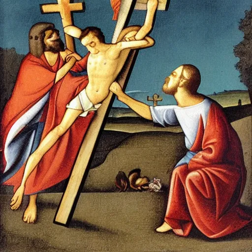 Image similar to goose biting jesus on the cross