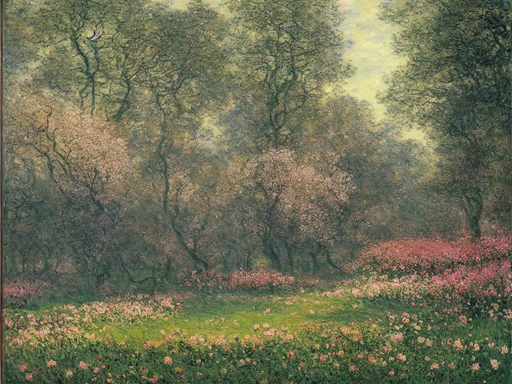 Image similar to a park with many beautiful flowers, by caspar david friedrich, by claude monet, canvas, paint, oil paint, tempera paint, dripping paint, splatter paint, macro, dof, insanely detailed and intricate, hypermaximalist, elegant, ornate, hyper realistic, super detailed