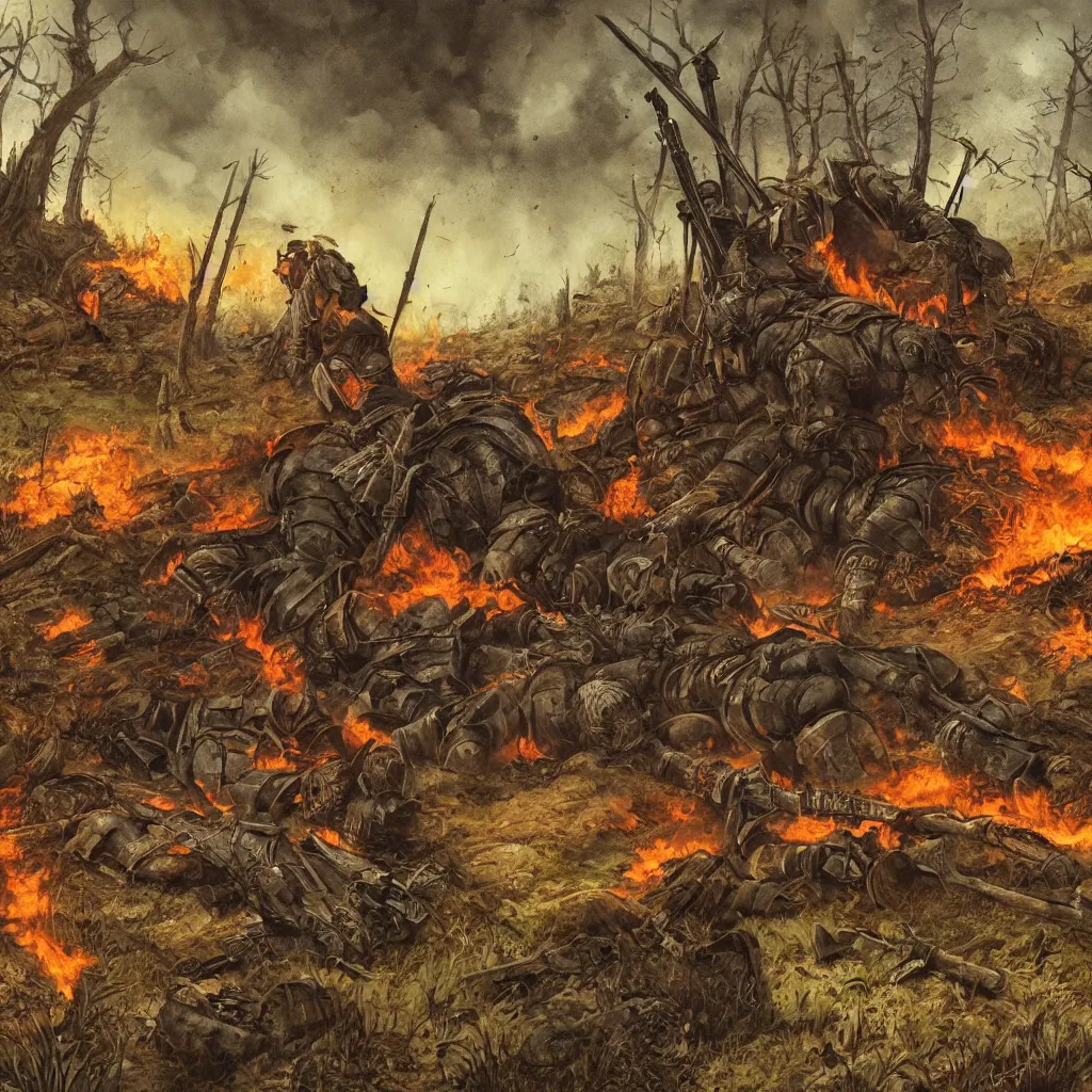 Image similar to dark gritty medieval battle aftermath, a mercenary sitting beside a pile of dead enemies, a forest on fire in the background, highly detailed illustration