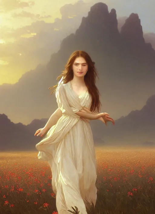 Image similar to oil painting portrait of a young woman with long flowing hair in a white dress, levitating floating over a field of flowers at sunset with mountains in the background, hazy, digital art, chiaroscuro, artstation, cinematic, golden hour, digital art painting by greg rutkowski, william - adolphe bouguereau, lu ji, hazy atmosphere, flowers, cinematic lighting