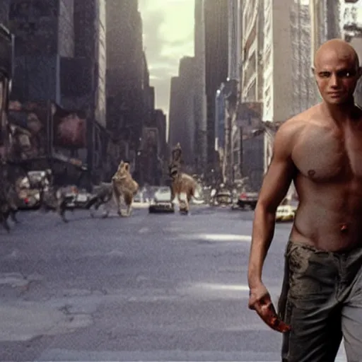 Image similar to film still of an anthro cat as robert neville in I am legend (2007), film grain, realistic, 4k, hd