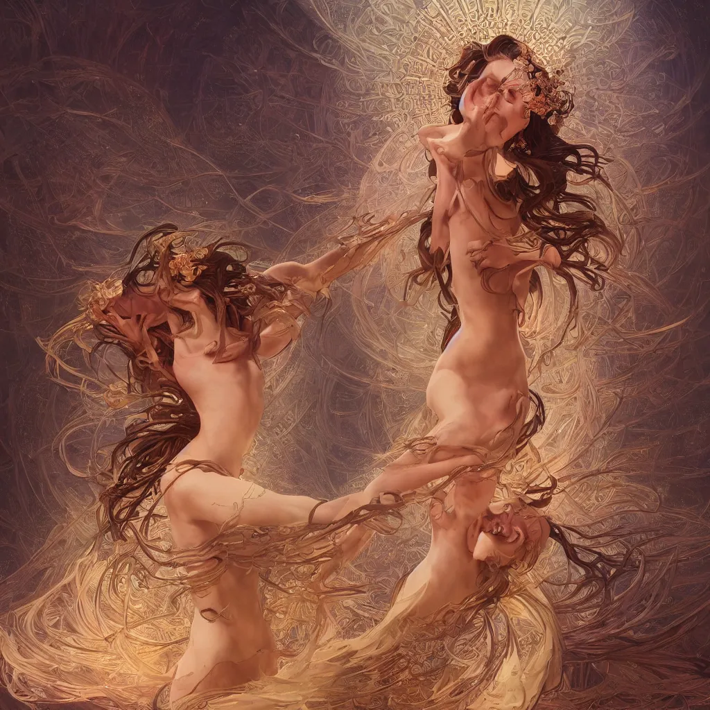 Image similar to glowing goddess dancing in the desert, professional models, symmetrical face, fantasy, surreal, intricate and very beautiful and elegant, highly detailed, digital painting, trending on artstation, concept art, smooth and sharp focus, illustration, art by tan zi and ayanamikodon and alphonse mucha and wlop