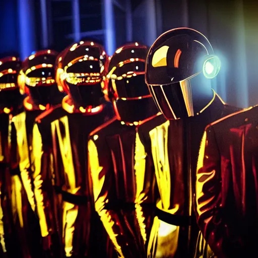 Image similar to a photo of a parade of people dressed in Daft Punk Helmets and Daft Punk Suits, 8k, dramatic lighting