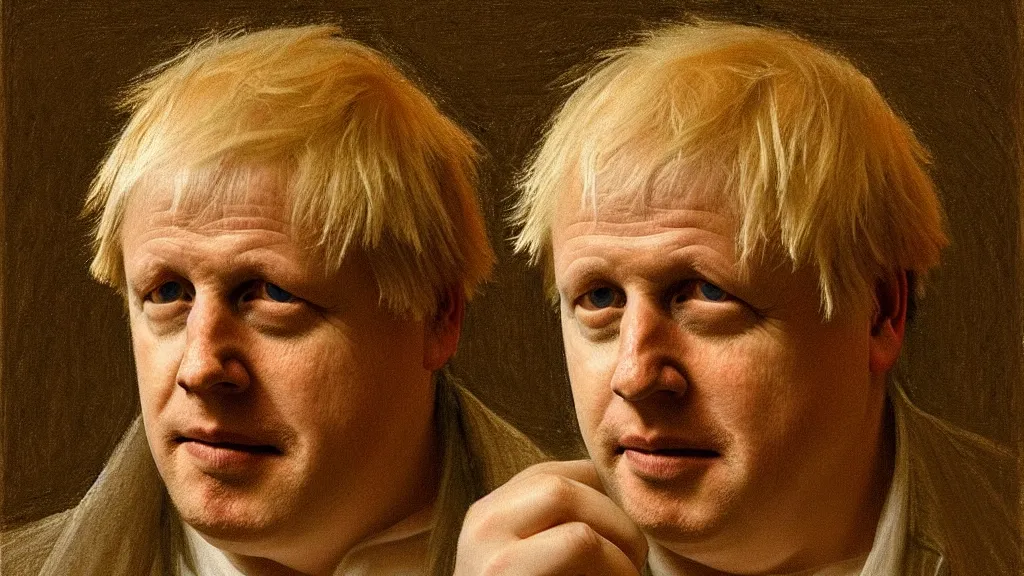 Prompt: Boris Johnson!!!!!!!!!! as! a! person!!! in the style of Leonardo, a British hall is the background