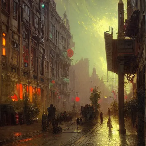Prompt: detailed painting of a cyberpunk street in 1 9 4 0, exterior, floral ornaments, volumetrics lights, beam of bright lights through the clouds, andreas achenbach