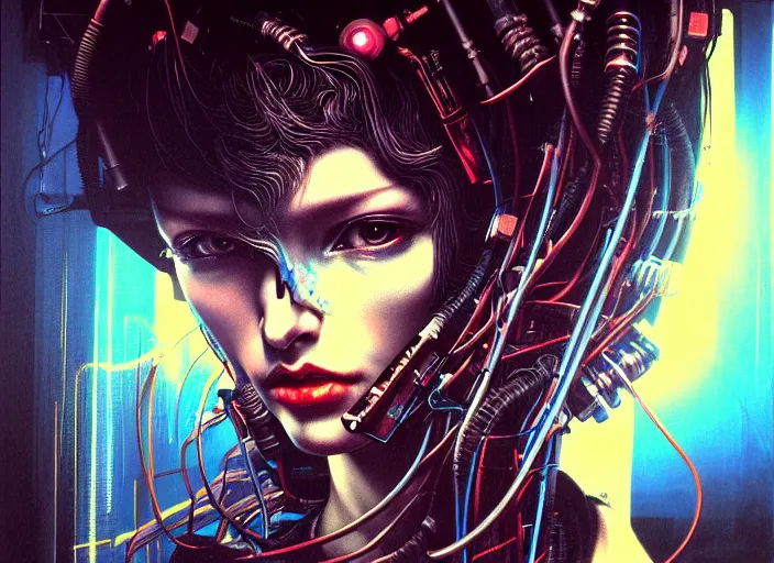 Prompt: dark cyberpunk girl coding, a lot of cables around by ayami kojima, by francis bacon, by amano, by karol bak, greg hildebrandt, by mark brooks, by alex grey, by zdzisław beksinski, by takato yamamoto, vintage style, high resolution, ultra detailed, midshot portrait