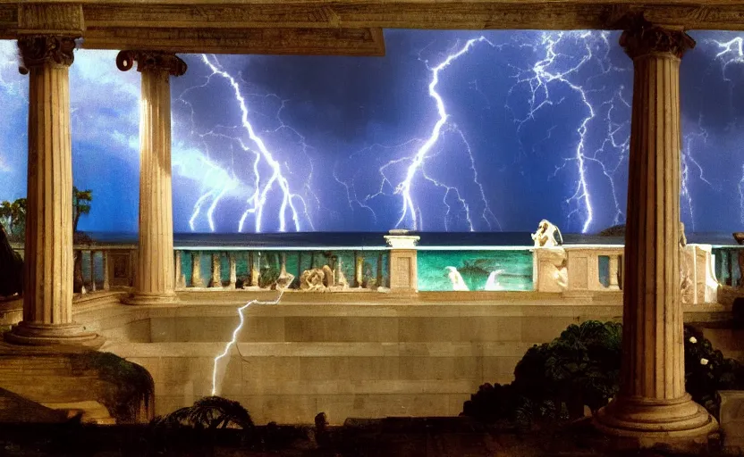 Image similar to mediterranean balustrade and columns, refracted lightnings on the ocean, thunderstorm, fountain, greek pool, beach and Tropical vegetation on the background major arcana sky and occult symbols, by paul delaroche, hyperrealistic 4k uhd, award-winning, very detailed paradise