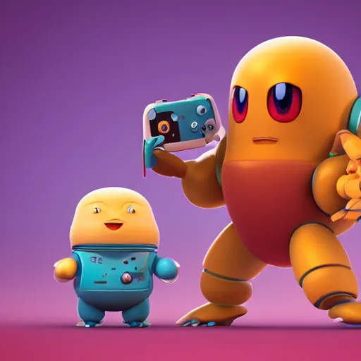 Image similar to two small chubby bots, hyperdetailed colourful, smooth panelling, intricate detail, holding, single eye, style of cute pokemon, rusty arms, antenna, floating, white studio, mechanical, cute toy, gameboy advanced, ambient light, in the style of pixar animation poster, pokedstudios,, blender, octane render, 8 k,