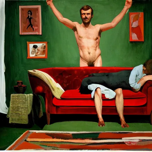 Image similar to emmanuel macron posing on a sofa, 1 9 7 0 living room decor, body hair, oil on canvas, by david hockney, bouguereau, lucien freud, francis bacon, peter doig