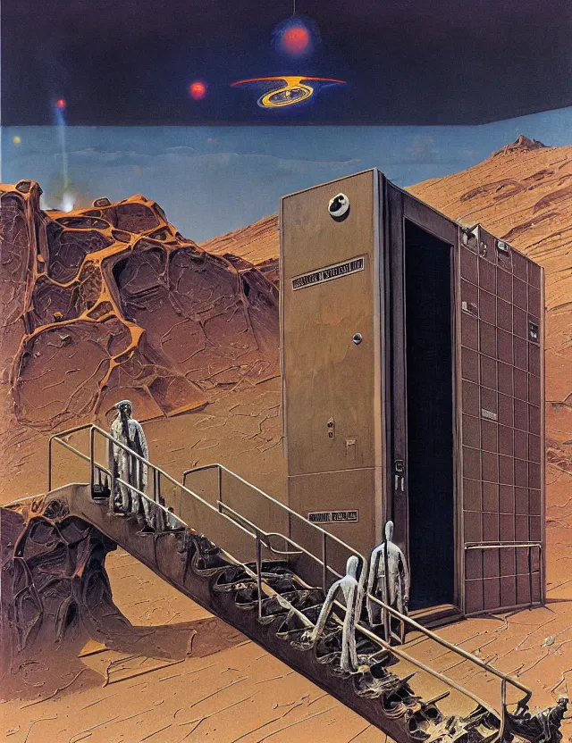 Image similar to crematorium on desert planet, elevator, side ramp entrance ambulance smoke dead bodies, guards intricate, painting by lucian freud and mark brooks, bruce pennington, dark colors, neon, death, guards, nice style culture