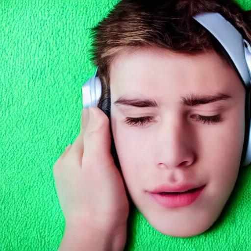 Image similar to human anatomical heart of a 14yo boy listening to music on clean shiny silver headphones, hyper realistic, background green cotton surgical sheet